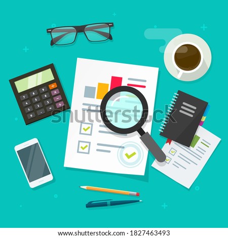 Financial audit research analysis sales data report on workplace table top flat lay vector, analytics document web report flat concept, accounting market statistic inspection, quality stats evaluation