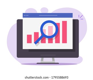 Financial audit sales research analysis report online on desktop computer pc web analytics digital report vector flat, accounting finance market statistic inspection concept modern design
