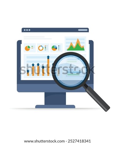 Financial audit sales research analysis report online on desktop computer pc web analytics digital report vector flat, accounting finance market statistic inspection concept design stock illustration
