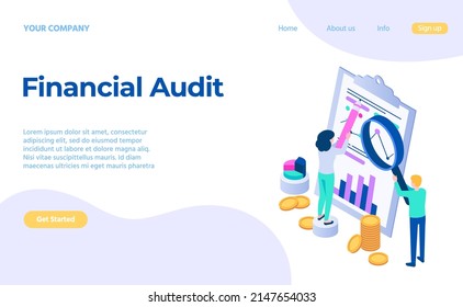 Financial Audit Service Concept Analysing Chart Landing Page. Vector Analyse Concept Business Service, Illustration Of Chart Analysis Financial