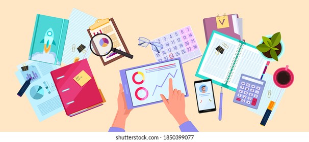Financial audit or tax report vector business illustration with hands,documents, graphs, calculator.Risk analysis and budget planning background with tablet, smartphone.Financial audit flat lay banner