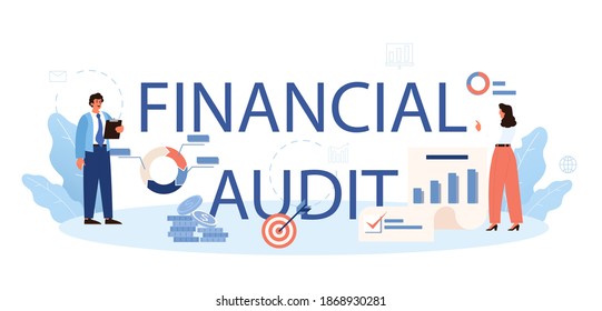 Financial audit typographic header concept. Business operation research and analysis. Financial inspection and analytics. Isolated flat vector illustration