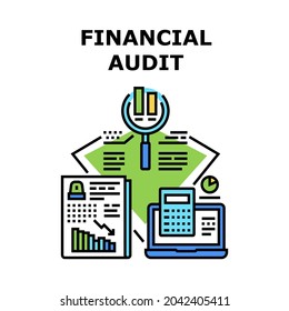 Concepto de icono del vector de auditoría financiera. Auditoría Financiera E Informe Financiero Anual Calculando Contable Con Dispositivo Electrónico Calculador. Ilustración De Color De La Cuenta De Balance Y La Cuenta De Resultados