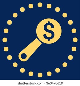 Financial Audit vector icon. Style is flat circled symbol, yellow color, rounded angles, blue background.
