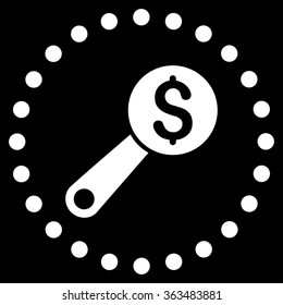 Financial Audit vector icon. Style is flat circled symbol, white color, rounded angles, black background.