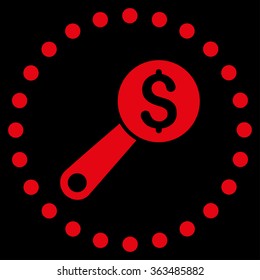 Financial Audit vector icon. Style is flat circled symbol, red color, rounded angles, black background.