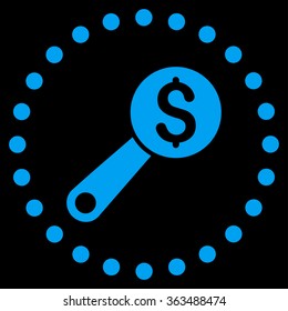 Financial Audit vector icon. Style is flat circled symbol, blue color, rounded angles, black background.