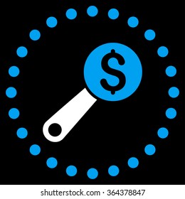Financial Audit vector icon. Style is bicolor flat circled symbol, blue and white colors, rounded angles, black background.