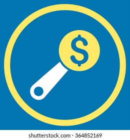 Financial Audit vector icon. Style is bicolor flat circled symbol, yellow and white colors, rounded angles, blue background.