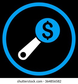 Financial Audit vector icon. Style is bicolor flat circled symbol, blue and white colors, rounded angles, black background.