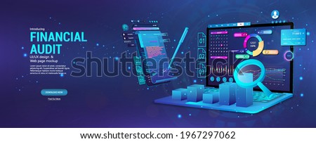 Financial audit web page banner. Modern financial management. Business account tax report, laptop with graphic and charts, documents. Financial audit, business account tax report. Vector Banner