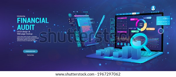 Financial audit web page banner. Modern financial\
management. Business account tax report, laptop with graphic and\
charts, documents. Financial audit, business account tax report.\
Vector Banner