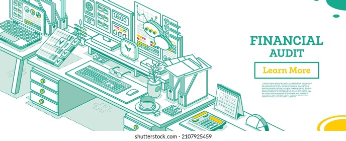 Financial Audit. Workplace of an Auditor or Accountant. Isometric Business Concept. Account Tax Report. Two Computers on Desk with Documents in Office. Vector Illustration. Calculating Balance.