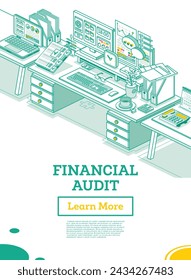 Financial Audit. Workplace of an Auditor or Accountant. Isometric Business Concept. Account Tax Report. Two Computers on Desk with Documents in Office. Vector Illustration. Calculating Balance.