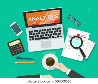 Financial auditing report concept, financial data research verification, accounting review, auditor work desk, business research, auditing tax process, data analysis, project quality manage vector