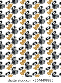 Automação Financeira: Um padrão repetitivo de modernas máquinas de contagem de dinheiro, pacotes de dinheiro e pilhas de moedas de ouro apresenta uma visão dinâmica dos domínios bancário, financeiro e comercial.