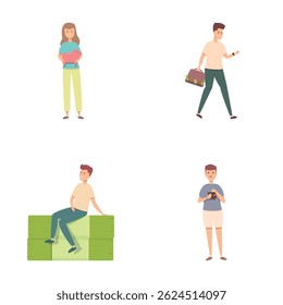 Financial awareness icons set cartoon vector. Teen learns basic finance. Saving money