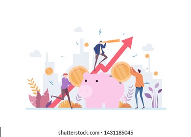 Financial Awareness Revenue Saving Vector Illustration Concept Showing People Saving Money To Invest On A Better Future, Suitable for landing page, ui, web, app card, editorial, flyer, and banner