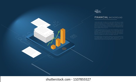 financial background concept, contracts with charts on blue smartphone