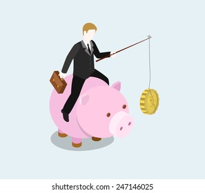 Financial bait flat 3d web isometric infographic concept vector. Businessman riding money bank with fishing rod and coin food to feed. Creative people financial monetary piggy bank savings collection.
