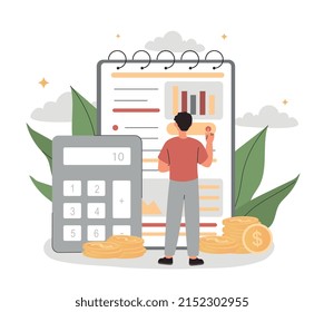 Financial balance concept. Man analyzes graphs and charts, working with statistics. Financial literacy, budgeting and making money plan. Employee or entrepreneur. Cartoon flat vector illustration