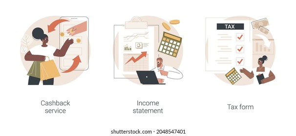 Financial balance documents abstract concept vector illustration set. Cashback service, income statement, tax form, reduce cost, corporate accounting service, online application abstract metaphor.