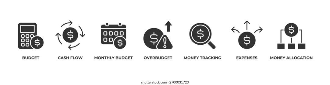 Financial Balance Icons set vector illustration with glyph Budget, Cash flow, Monthly budget, Overbudget, Money tracking, Expenses, Money allocation