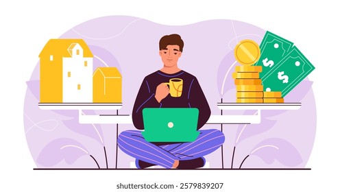 Financial balance man. Young guy near scales with gold coins and building. Budgeting and accounting. Economy and investing. Freelancer and remote employee with salary. Flat vector illustration