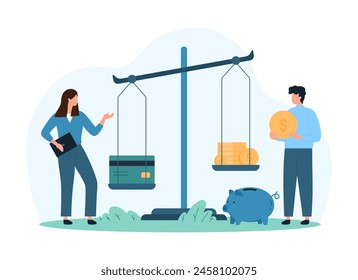 Financial balance of mortgage and expenses, income and payment, budget planning. Tiny people compare cash money and credit card on unbalanced scales for comparison cartoon vector illustration