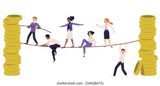 Financial Balance - Tightrope Walking. People Walking On A Tightrope, Vector Flat Illustration On A White Background. A Businessman Goes To Success Despite The Risks And Stress.
