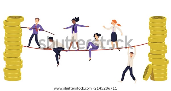 Financial balance -\
tightrope walking. People walking on a tightrope, vector flat\
illustration on a white background. A businessman goes to success\
despite the risks and\
stress.