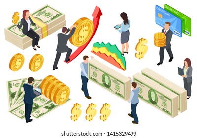 Financial, banking, credits isometric vector concept with coins and money