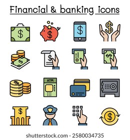 Financial and banking icon set in color line style
