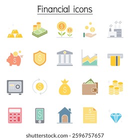 Financial and Banking icon set in Flat color style