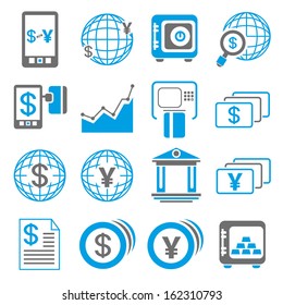 financial and banking icons, blue color theme