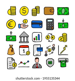Financial and banking icons concept hand drawn doodle isolated.