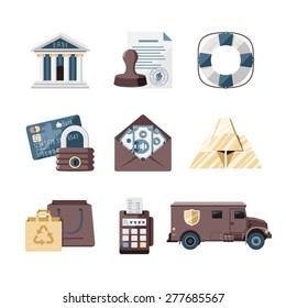 Financial and Banking icons set // Flat design retro style