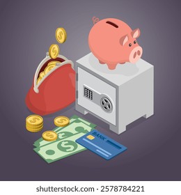 Financial and banking services concept. 3d Vector isometric flat illustration piggy bank, safe box and purse wallet.