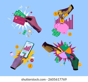 Financial and Banking Services Concept with Collage Elements Realistic Halftone Dotted Human Hands Set. Vector illustration