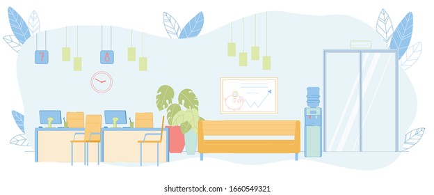 Los Servicios Bancarios Financieros Prestan Interior. Salón Público del Banco para Clientes y Visitantes. Cajeros o gerentes que trabajan con muebles de trabajo en cuentas de depósito privadas. Ilustración de vectores planos.