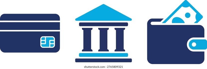 Financial and Banking solid icon set containing icons for Credit Card Bank Building and Wallet with Money for finance and investment projects.