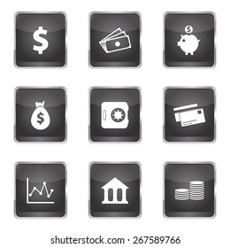 Financial Banking Square Vector Black Button Icon Design Set