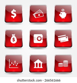Financial Banking Square Vector Red Icon Design Set