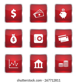 Financial Banking Square Vector Red Icon Design Set