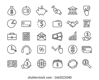 Iconos de línea delgada financieros y bancarios. Iconos de dinero. Símbolos de la economía