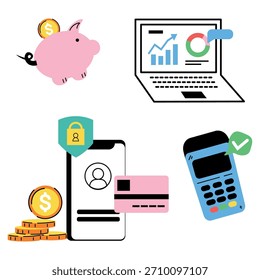 Conjunto de Vectores financieros y bancarios hucha finanzas digitales móvil de banca y terminal de pago