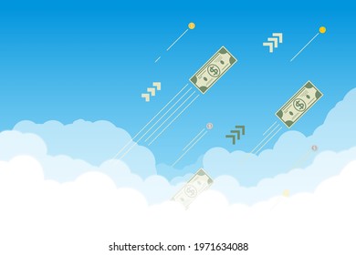 Financial banner with sky and clouds. Paper dollars and coins flying up through the clouds and going to the Moon. Investment progress, bull market and going up financial trend.