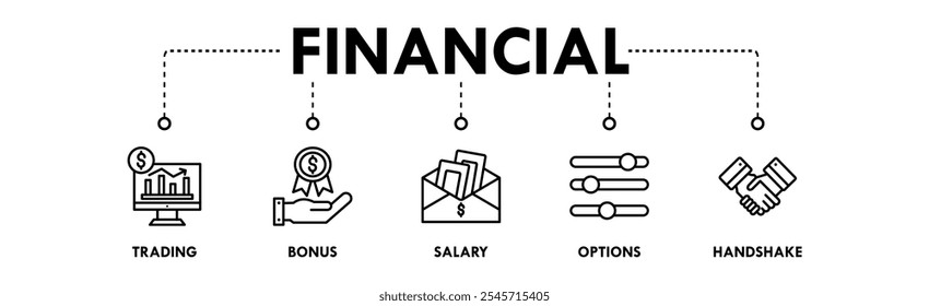 Banner financeiro ícone web ilustração conceito com ícone de negociação, bônus, salário, opções e handshake