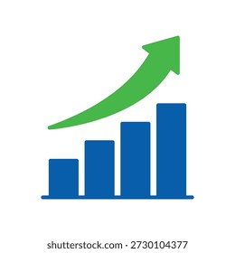 Ícone de gráfico de barras financeiras com seta para cima e verde para crescimento, gráfico de barras azul simples mostrando tendências de desempenho positivas e de sucesso, estatísticas de negócios e conceitos de análise de dados