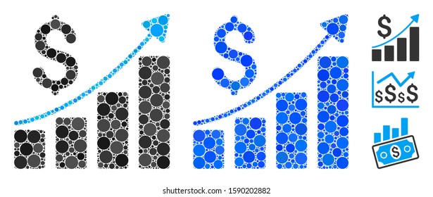 Financial bar chart mosaic of small circles in variable sizes and color tinges, based on financial bar chart icon. Vector small circles are composed into blue mosaic.